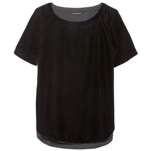 💠 Banana Republic Black Velvet High-Low Short Sleeve Hem Holiday Top Size S - Picture 2 of 13